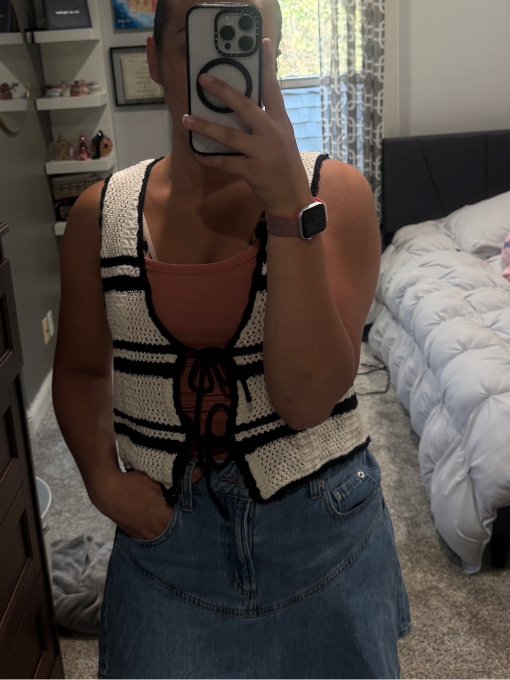 Full Tilt Black and Cream Crochet Tie-Front Tank Vest